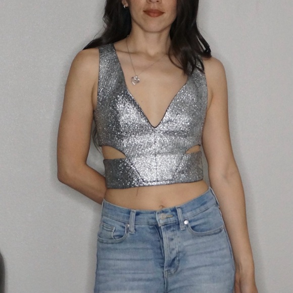 Luxxel Tops - Luxxel Silver V- neck Cut out crop top Size S